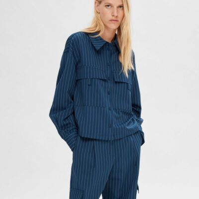 Femme SELECTED Skjortor & Blusar | Boxy Kritstrecksrandig Skjorta Dark Navy